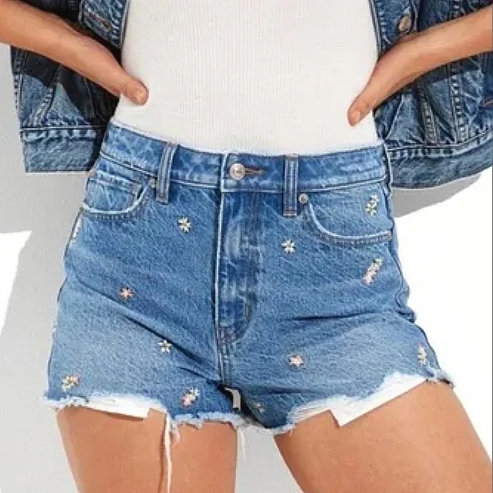 American Eagle High Rise Floral Embroidered Distressed Denim Mom Shorts